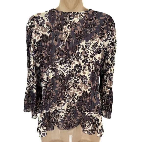 Piano Womens Floral Brown & Beige V Neck Bell Sleeve Button-Front Blouse PM - Picture 3 of 11